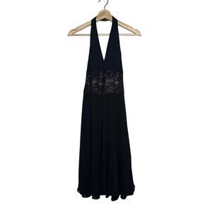 Vintage Carmen Marc Valvo 100% Silk Black Halter Dress Beaded Waist Size 4